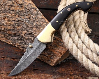Damascus Pocket Knife Gift for Him, Handmade Folding Knife, Ram Horn Handle Knife, Birthday Gift for Men, Groomsmen Gift, EDC Knife