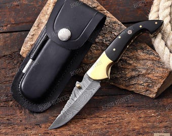 EDC Damascus Folding Knife, Pocket Knife with Ram Horn Handle, Handmade Knife, Camping Knife, Everyday Carry Knife, Outdoor Tool