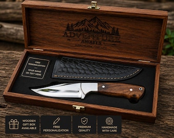 Faca Skinner artesanal com lâmina fixa em aço J2 e bainha de couro. Presente personalizado para camping e uso diário.