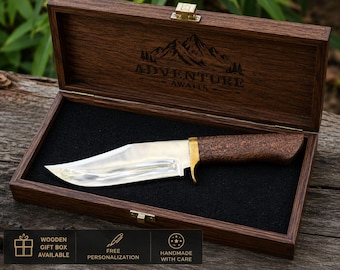 Faca de caça personalizada em aço J2, faca artesanal com meia espiga, bainha de couro, faca para camping, presente para ele, bushcraft, caixa de presente de madeira