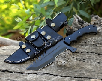 Cuchillo de rastreo hecho a mano en acero al carbono, mango de micarta, cuchillo de bushcraft de espiga completa, cuchillo de supervivencia para acampar, grabado gratuito, funda de cuero.