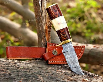 Handcrafted Damascus Steel Skinner Knife for Hunting and Outdoor Use with Leather Sheath Camping knife gift for him survival gear