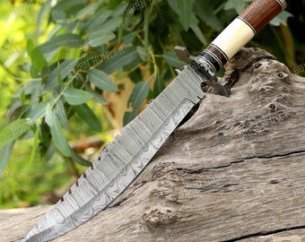 Cuchillo Bowie de Damasco hecho a mano, mango de palisandro y hueso, cuchillo de caza, funda de cuero, regalo personalizado para él.