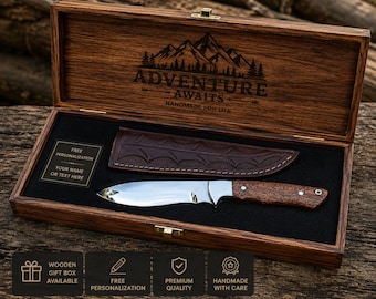 Faca Skinner Artesanal em Aço J2, Faca de Caça Personalizada, Presente Ideal, com Caixa de Madeira e Bainha de Couro, Ferramenta EDC para Camping