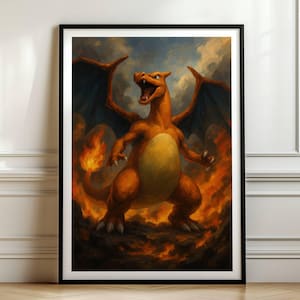 May include: A framed art print featuring a fiery orange Charizard dragon. The artwork depicts the creature with its mouth open, surrounded by flames and dark blue wings against a cloudy sky. The print is in a black frame.