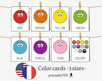 Printable color flashcards in English and French , color posters, learning colors ,Preschool & Kindergarten Cards, digital download