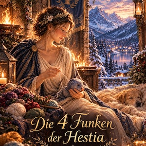 Könnte beinhalten: Eine Person mit lockigem Haar in einer cremefarbenen Tunika und einem dunkelblauen Umhang strickt mit blauem Garn. Die Szene zeigt Stapel aus buntem Garn, einen schlafenden goldenen Hund und den Text Die 4 Funken der Hestia in goldener Schrift.
