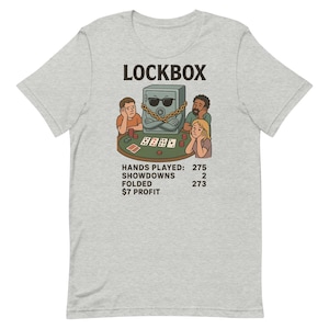 Puede incluir: Camiseta gris claro con un gráfico de una caja fuerte con gafas de sol y una cadena dorada, con la palabra "LOCKBOX" encima. El gráfico incluye jugadores de póquer y estadísticas del juego.