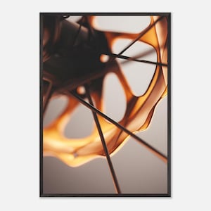 May include: Abstract art print showing a close-up of a geometric, organic form. The artwork features a complex arrangement of intersecting lines and curved shapes in shades of brown and gold, set against a neutral background. The piece is framed in a dark wooden frame.