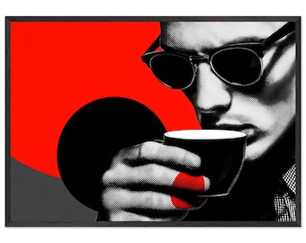 Poster | Male Portrait Pop Art Style | Black and White Portrait of Man with Espresso Coffee | Wall Art Black, White, and Red