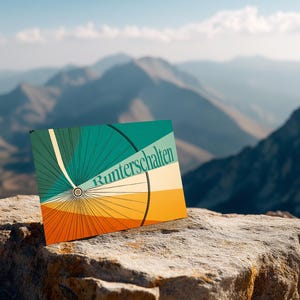 Puede incluir: Impresión rectangular colorida con un diseño de rueda de bicicleta en tonos turquesa, naranja y amarillo, y la palabra "Runterschalten". Colocada sobre una roca, con montañas al fondo.