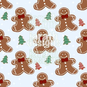 Peut inclure: Motif répété de bonhommes en pain d'épices avec des nœuds papillon rouges et des sapins de Noël verts et rouges sur fond bleu clair. Les bonhommes en pain d'épices ont des visages souriants et du glaçage blanc.