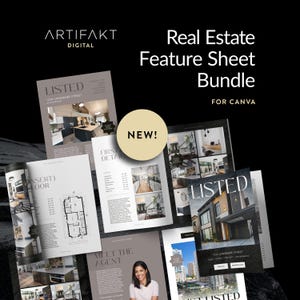 Może przedstawiać: Zestaw arkuszy informacyjnych o nieruchomościach dla Canva, z tekstem "Real Estate Feature Sheet Bundle" i "FOR CANVA". Arkusze zawierają zdjęcia nieruchomości, plany pięter i słowo "LISTED". Obecna jest również naklejka "NEW!".