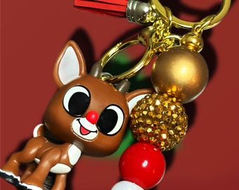 Handmade Rudolph Keychain – Christmas Beaded Charm with Red Tassel