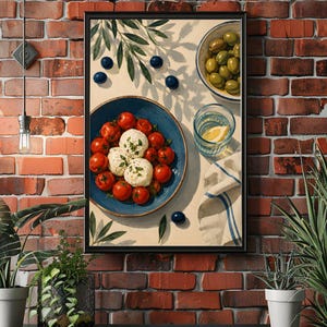 May include: A framed wall art print depicting a top-down view of a meal featuring a blue bowl filled with cherry tomatoes and mozzarella balls, a small bowl of green olives, a glass of water with a lemon slice, and a striped cloth napkin.