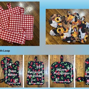 May include: A collection of kitchen textiles, including oven mitts, pot holders, and a skillet handle cover. Designs include red and white gingham, sunflowers, and black with cherries. Some items have loops, others have magnets. The oven mitt is 14 inches long.