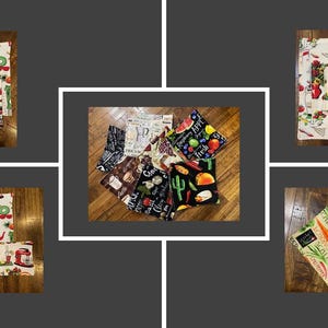 May include: A collection of kitchen-themed fabric items, including dish towels and pot holders. The patterns feature various designs, such as kitchen appliances, fruits, vegetables, and coffee-related imagery. The items are arranged on a wooden surface.