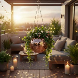May include: A hanging planter with a disco ball design, filled with greenery and small white and pink flowers. The planter hangs from a chain, creating a unique decorative element. The background features a patio setting with seating and candles.