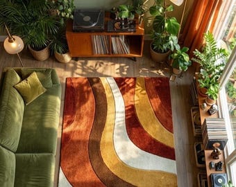 Mid Century Modern Abstract Rug, Retro Wavy Area Rug, 70s Boho Living Room Rug, Orange Brown Geometric Carpet, Vintage Style Floor Rug