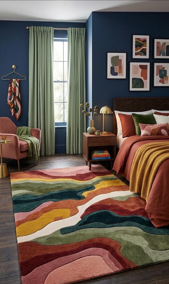 Abstract Colorful Area Rug, Modern Wavy Pattern Rug, Boho Living Room Rug, Multicolor Contemporary Carpet, Bedroom Statement Rug