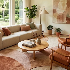 May include: A modern living room with a beige sectional sofa, a round wooden coffee table, and a patterned rug in shades of brown and beige. Two leather armchairs and potted plants add warmth to the space.