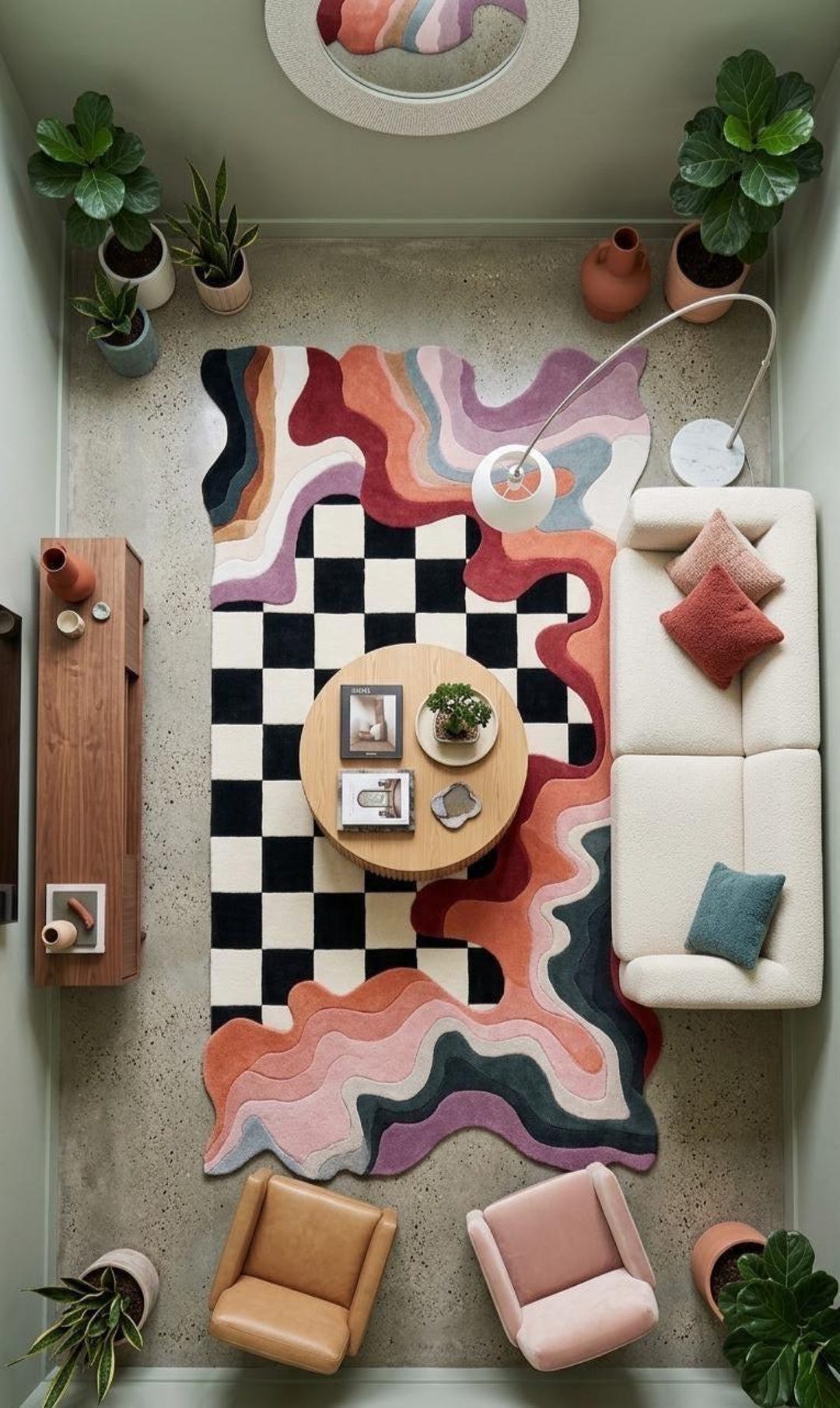 Faded Checkerboard Rug Modern Abstract Checkerboard Rug, Wavy Edge Area Rug, Black White ...