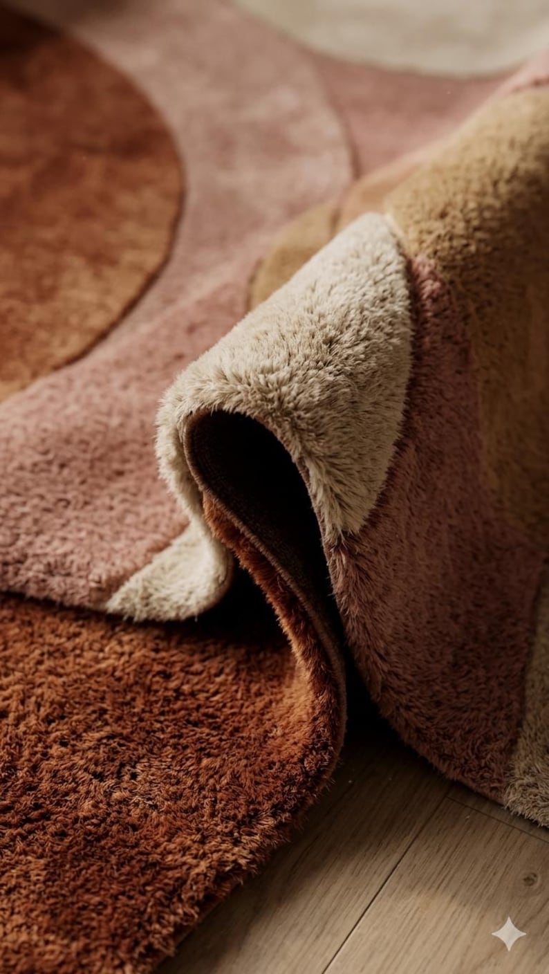 May include: Close-up of a plush, abstract rug with a rolled edge. The rug features a pattern of overlapping shapes in shades of brown, tan, and pink. The texture appears soft and inviting, suitable for a living room or bedroom.