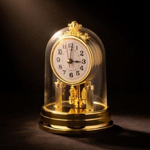 May include: A gold-colored, antique-style clock with a white face and black numerals, encased in a clear glass dome. The clock features ornate detailing and a pendulum, set against a dark background.