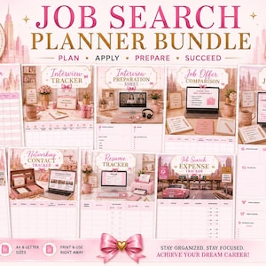 May include: A 10-page printable job search planner bundle featuring pink and gold branding. Includes trackers for job applications, interviews, networking, resumes, and expenses, plus a monthly dashboard, all with a consistent professional layout.