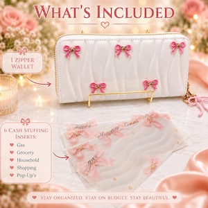 May include: A white quilted zipper wallet featuring pink bow accents and a gold zipper. Included are six translucent cash stuffing inserts labeled with categories like Gas, Grocery, Household, Shopping, and Pop-Up's, all decorated with small pink bows.