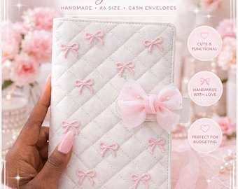 A6 Budget Binder | Quilted White Pink Bows, Gold Hardware, Cash Stuffing Planner