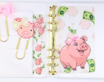 Piggy Budget Binder Set | A5 A6 A7 Dashboard & Decorative Paper Clips | Cash Stuffing Decor