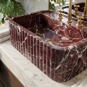 Handmade Fluted Red Marble Sink, Elazig Cherry Marble Sink, Handcrafted Natural Stone Basin For Bathroom image 1