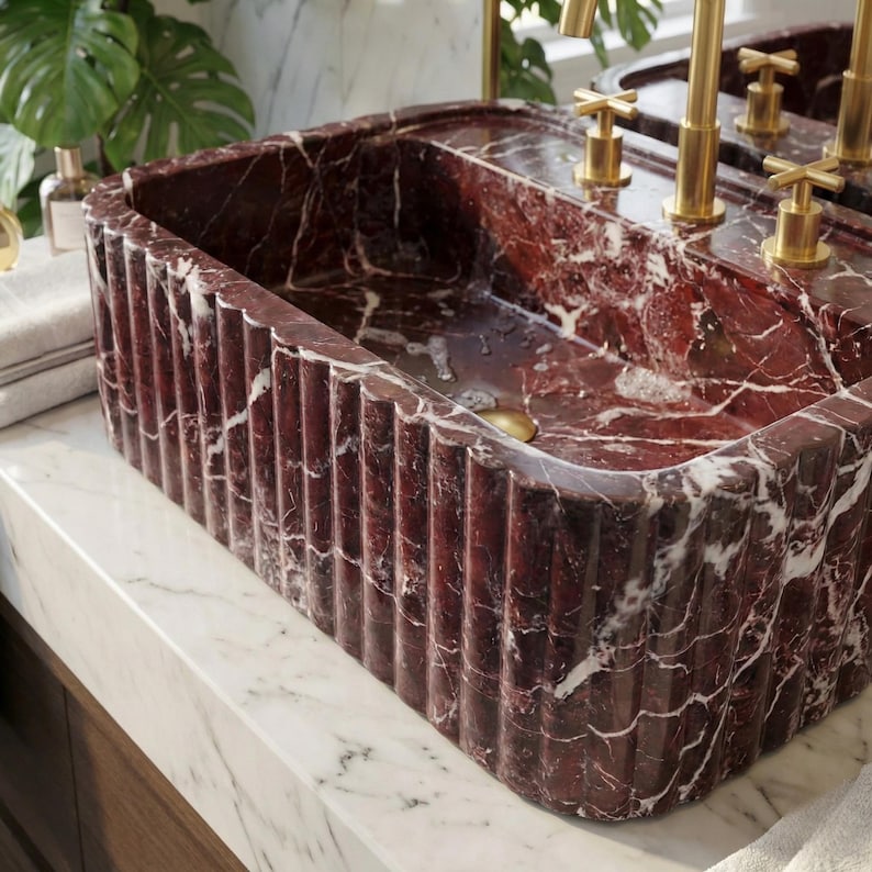 Handmade Fluted Red Marble Sink, Elazig Cherry Marble Sink, Handcrafted Natural Stone Basin For Bathroom image 1