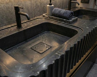 Black Nero Marquina Double Sink Vanity, Fluted Marble Wall Mount Basin, Luxury Solid Stone Vessel Sink
