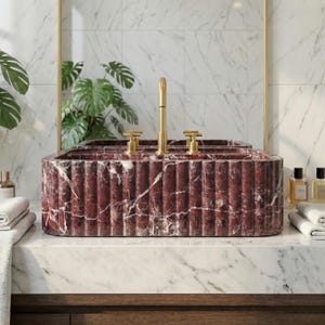 Handmade Fluted Red Marble Sink, Elazig Cherry Marble Sink, Handcrafted Natural Stone Basin For Bathroom image 2