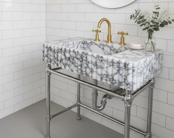 Handmade Calacatta Viola Marble Sink with Brass Legs, Powder Room Sink