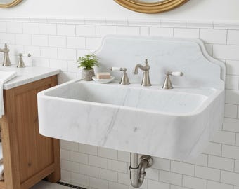 Handmade Carrara White Marble Wall Mounted Sink with Backsplash