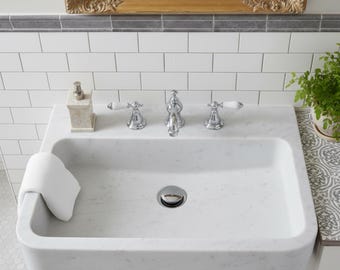 Fluted Carrara White Marble Sink Wall Mounted Vanity Basin, Basic Bathroom Sink
