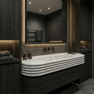Puede incluir: Un baño moderno con gabinetes de madera oscura y un espejo grande. Un lavabo blanco y curvo con una encimera de mármol se encuentra sobre un tocador de madera oscura. La habitación presenta un diseño minimalista con enfoque en materiales naturales.