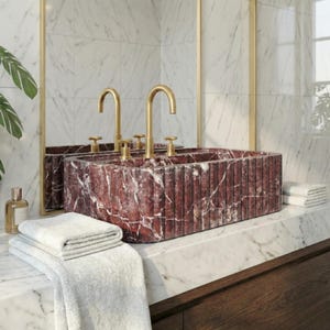 Handmade Fluted Red Marble Sink, Elazig Cherry Marble Sink, Handcrafted Natural Stone Basin For Bathroom image 3