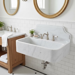 Lavabo de pared de mármol blanco de Carrara hecho a mano con protector contra salpicaduras imagen 3