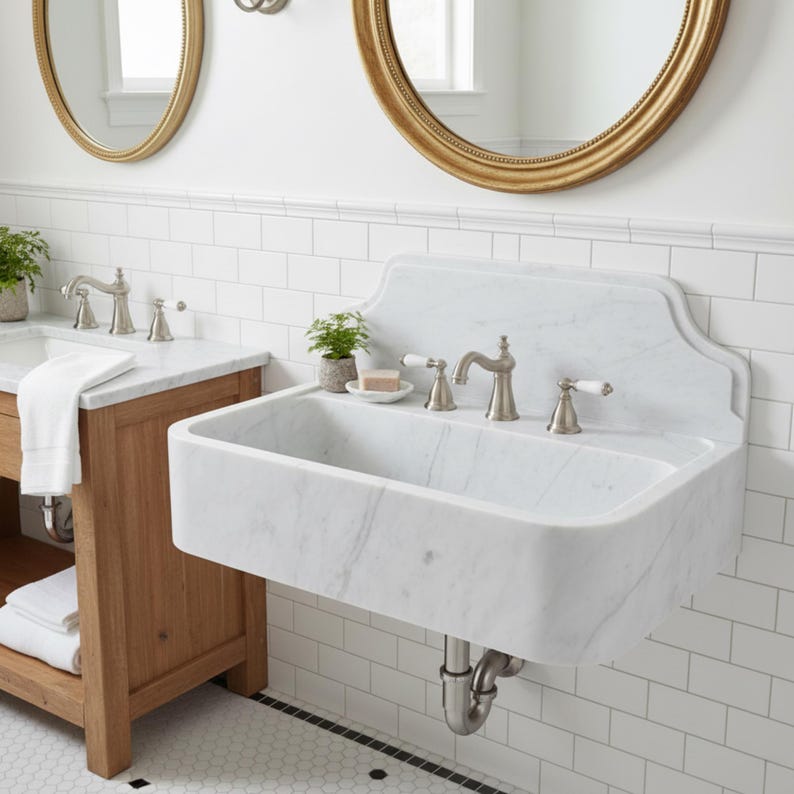 Lavabo de pared de mármol blanco de Carrara hecho a mano con protector contra salpicaduras imagen 3