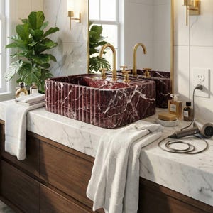 Handmade Fluted Red Marble Sink, Elazig Cherry Marble Sink, Handcrafted Natural Stone Basin For Bathroom image 4
