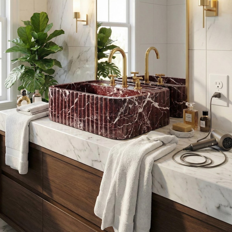 Handmade Fluted Red Marble Sink, Elazig Cherry Marble Sink, Handcrafted Natural Stone Basin For Bathroom image 4