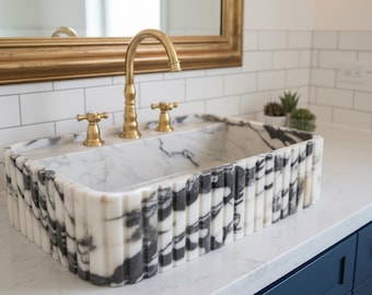 Lavabo de mármol Calacatta Viola para tocador con textura acanalada de tres lados