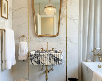 Lavabo de mármol Viola, frente acanalado, lavabo de mármol de montaje en pared, lavabo de mármol Calacatta Viola, lavabo de baño de mármol