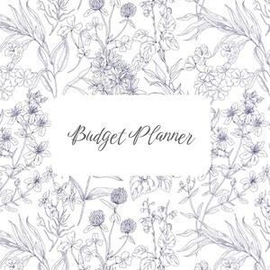 Könnte beinhalten: Ein weißer Budgetplaner mit einem floralen Muster in Blautönen. Das Cover zeigt die Worte "Budget Planner" in eleganter Schrift vor einem Hintergrund detaillierter botanischer Illustrationen.