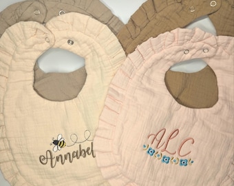 Custom Embroidered Baby bib with Bee and name or flowers and Monogram letters