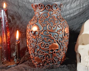 Gothic Skull Vase: Handmade Black Glass Vase with Red Metallic Accents